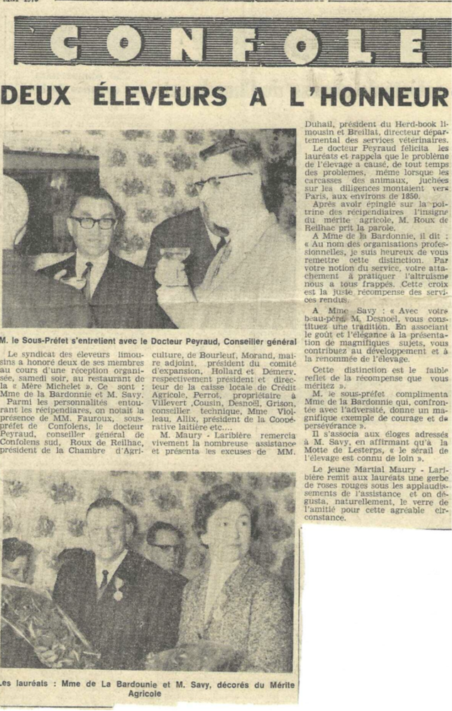 Centre Ouest 8 mai 1970 Marthe chevalier du Mérite agricole